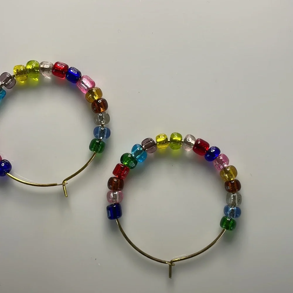 HAND CRAFTED Hoop Earrings Jewel Tones Multicolor Rainbow Pierced